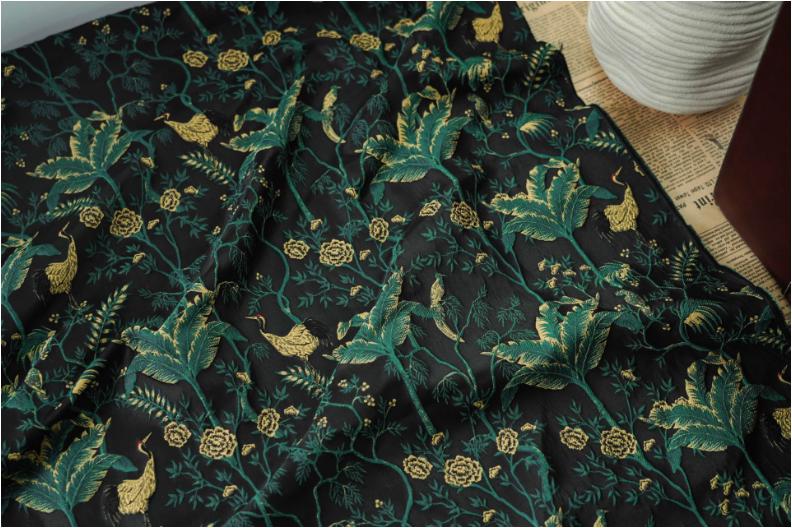 Dark Green Jacquard Fabric: Gold Thread 3D Designer Fabric, 65" Wide