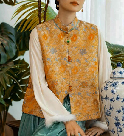 Orange Dunhuang Brocade Fabric: 59"W Tibetan Robe Material