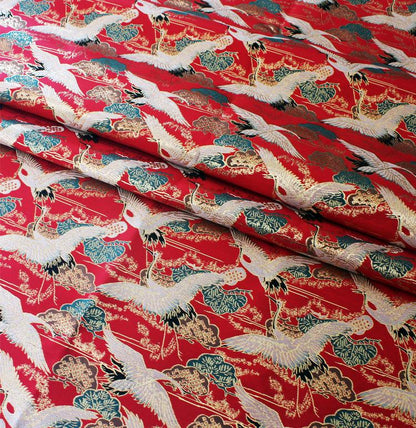 Crane Jacquard Satin Fabric: Gold Thread Bird Pattern (58"W)