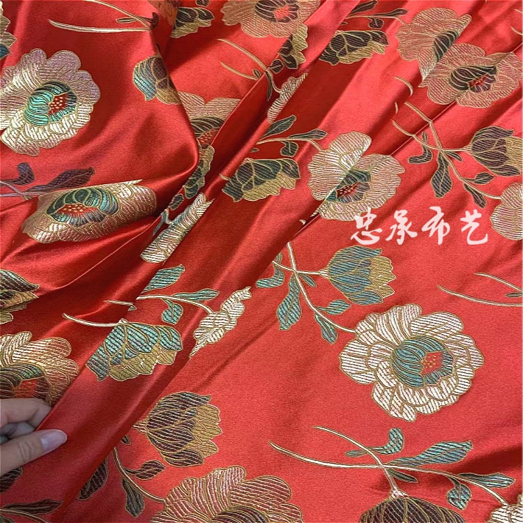 Lotus Brocade Fabric: Red Silk Blend Tibetan Textile (29"W)