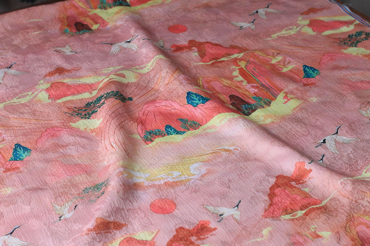 Floral Silky Satin Fabric: 59"W Ancient Painting Print