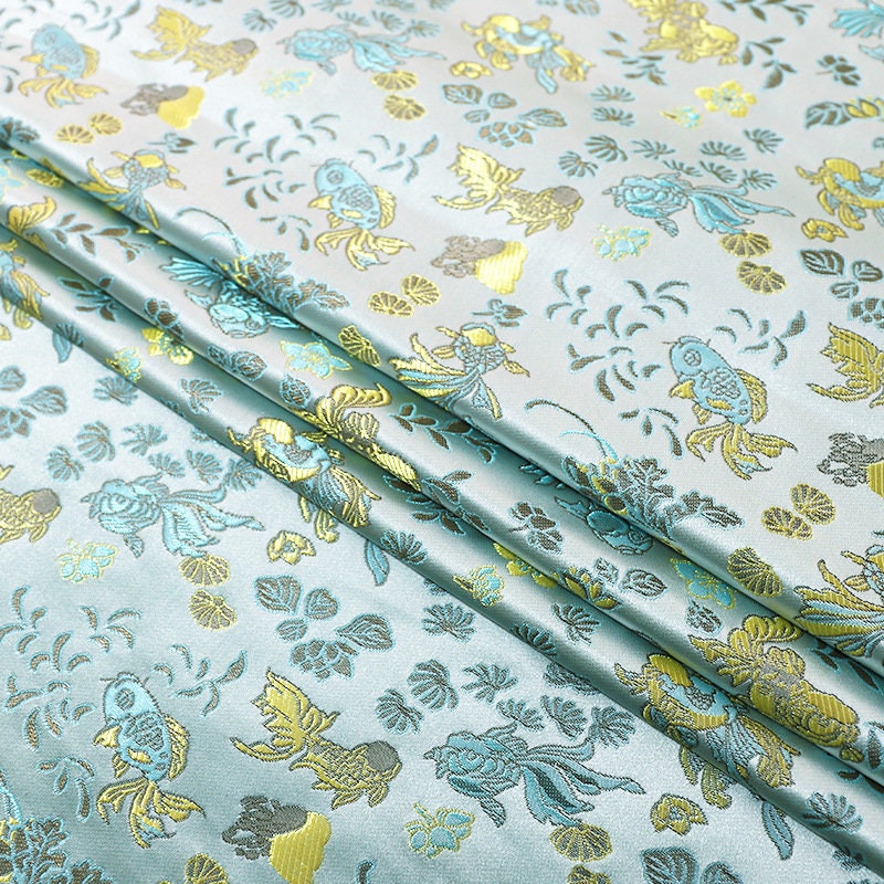 Aqua Blue Goldfish Brocade Fabric: 59"W Rayon Blend