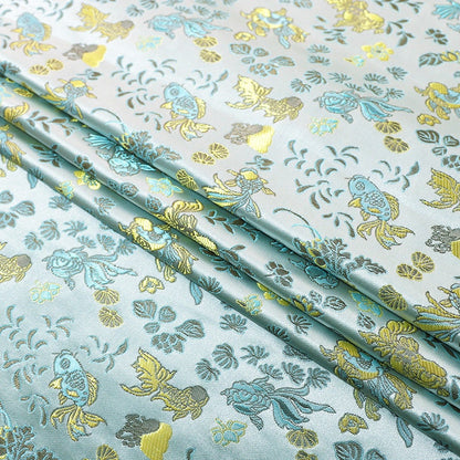 Aqua Blue Goldfish Brocade Fabric: 59"W Rayon Blend