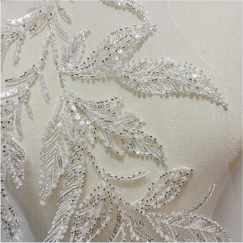 Embroidered Lace Trim: Light Ivory Bridal Veil Fabric with Sequins