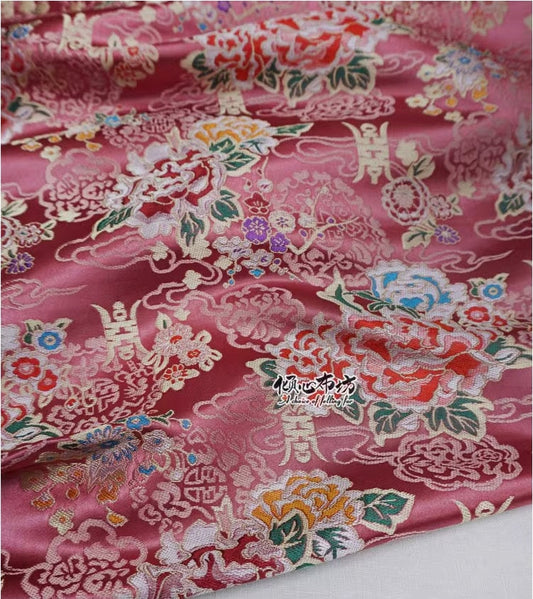 Tissu brocart de soie pivoine rose : 74 cm de large, décoration de costume de mariage