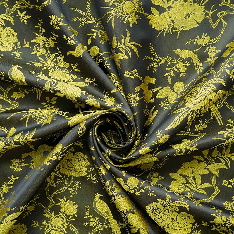 Black Gold Chinese Brocade Fabric Wild Bird and Azalea Cushion cover, pillow case, cheongsam, Qipao, Upholstery, Costume, bag, Sewing/Fabric