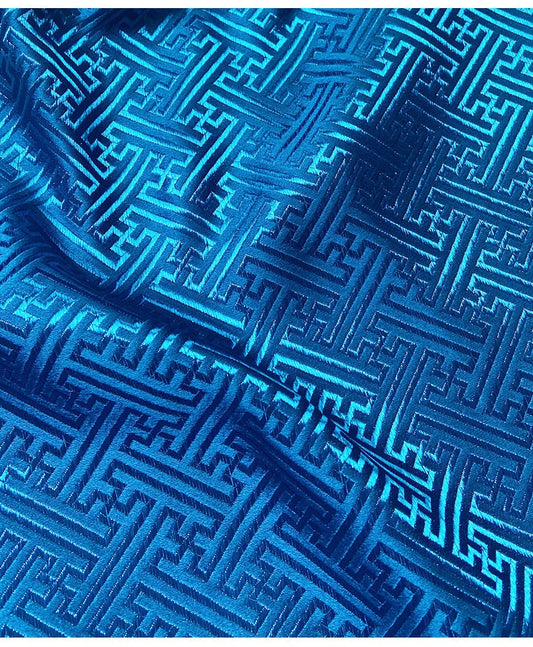 Turquoise Chinese Brocade Fabric: Fret Pattern, 59" Wide, Costume & Decor