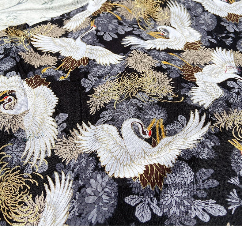 Japanese Crane Fabric: Bronzing Gold Pattern, 100% Cotton, 59"W