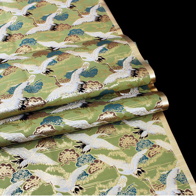 Crane Jacquard Satin Fabric: Gold Thread Bird Pattern (58"W)