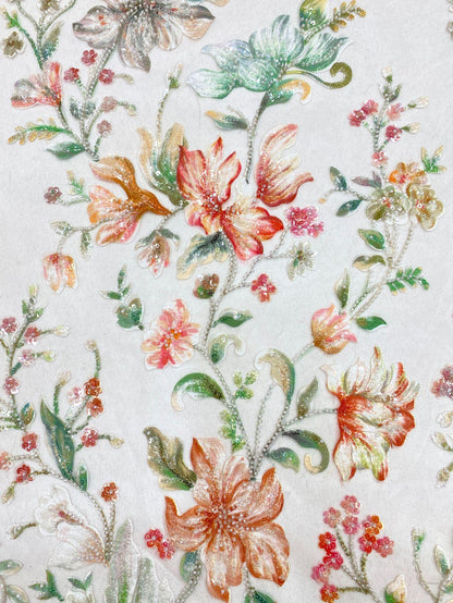 Embroidered Floral Fabric, Beads & Sequins, Cheongsam Dress Material