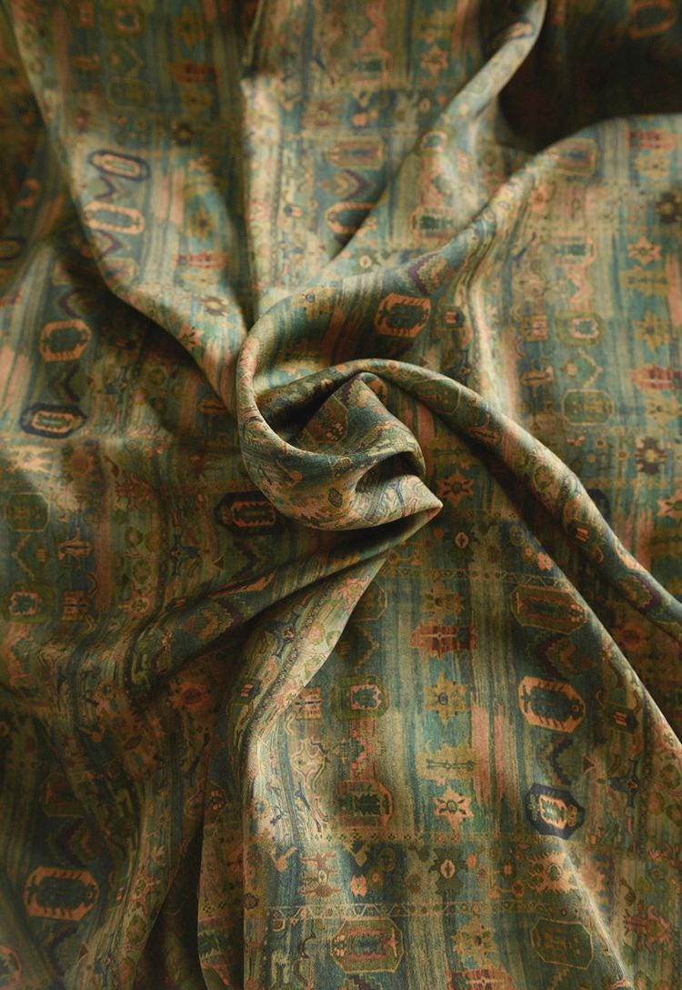 Ancient Chinese Ink Painting Cotton Fabric: Green Drapery Upholstery (55"W)