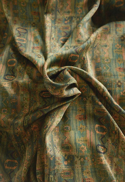 Ancient Chinese Ink Painting Cotton Fabric: Green Drapery Upholstery (55"W)