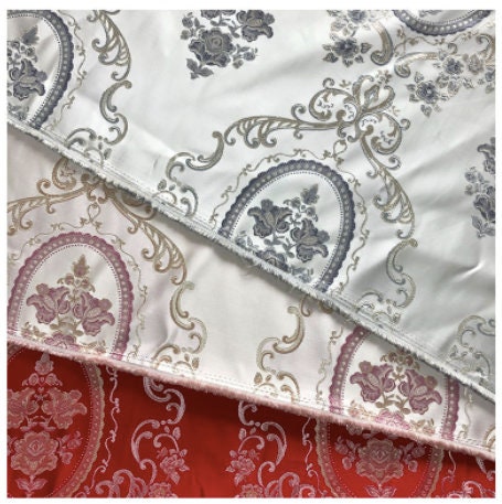 Palace Style Brocade Jacquard Fabric: Red, Gray & Pink Damask (By The Meter)