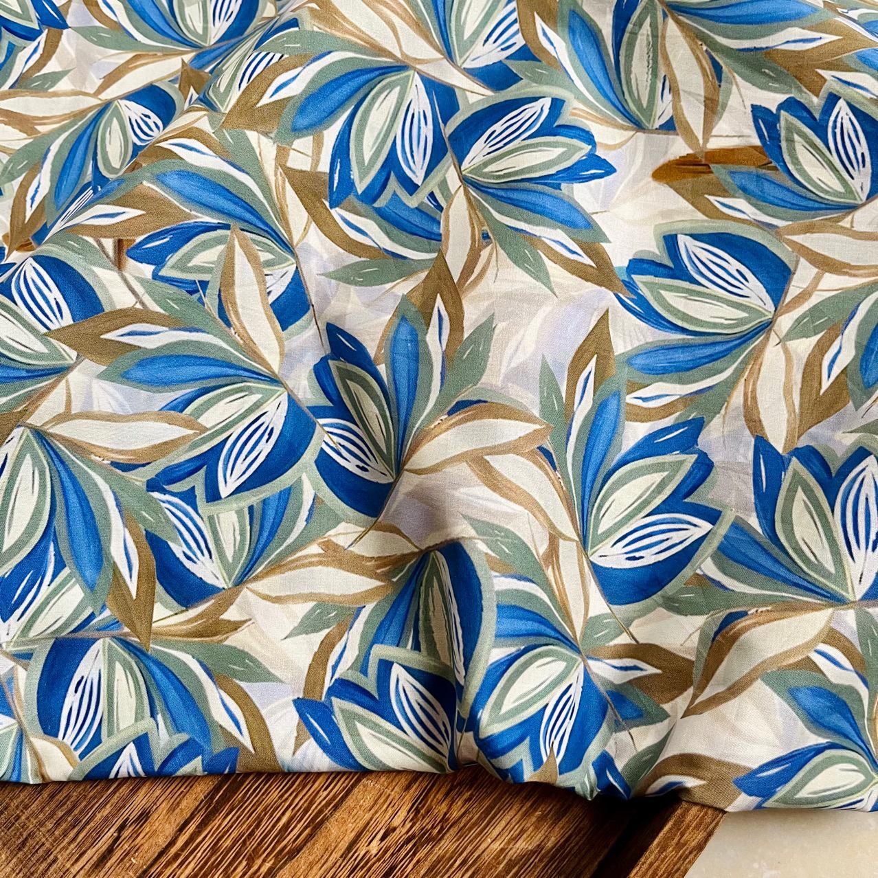 Floral Cotton Fabric: 60s Style, Blue & Brown Print, 59" Wide