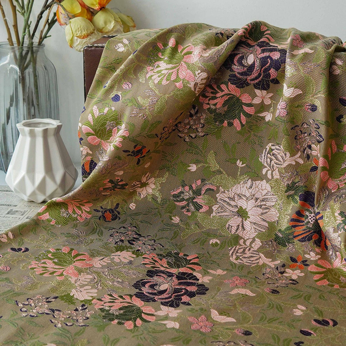 Woven Jacquard Floral Fabric: Vintage Style Brocade Textile (59")