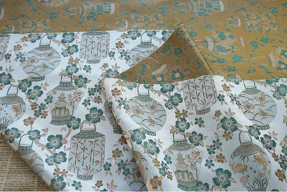Jacquard Brocade Fabric: Chinese Floral Vase Design, 65" Wide