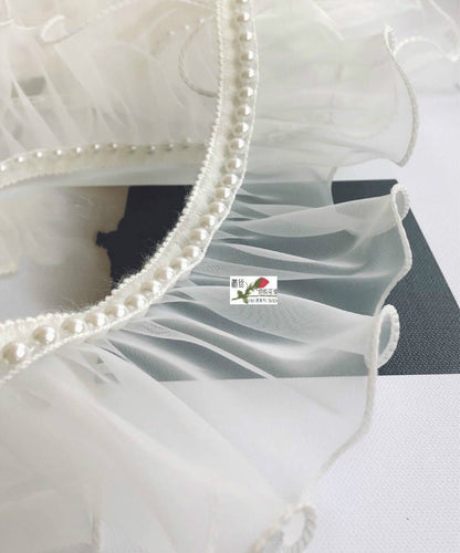 Embroidered Lace Organza Fabric with Pearls - 2.4" Wide