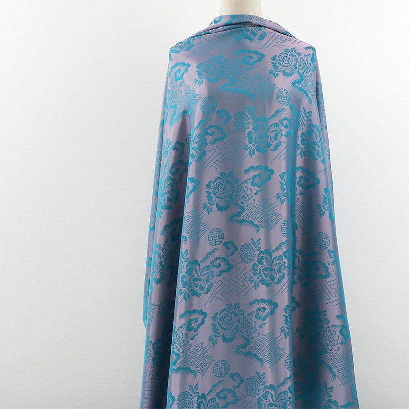 Floral Jacquard Rayon Fabric: Teal Print, 59" Wide
