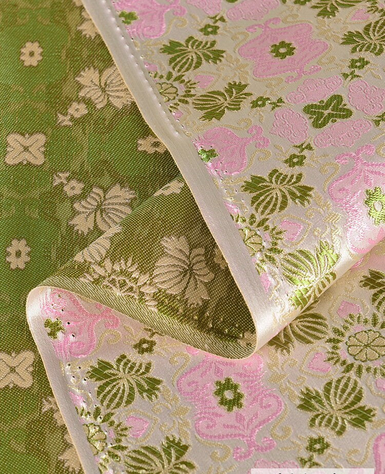 Floral Silk Brocade Fabric: 59"W Pink & Green Upholstery Material