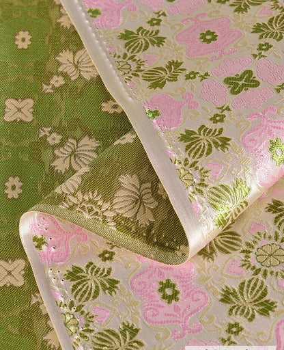 Floral Silk Brocade Fabric: 59"W Pink & Green Upholstery Material
