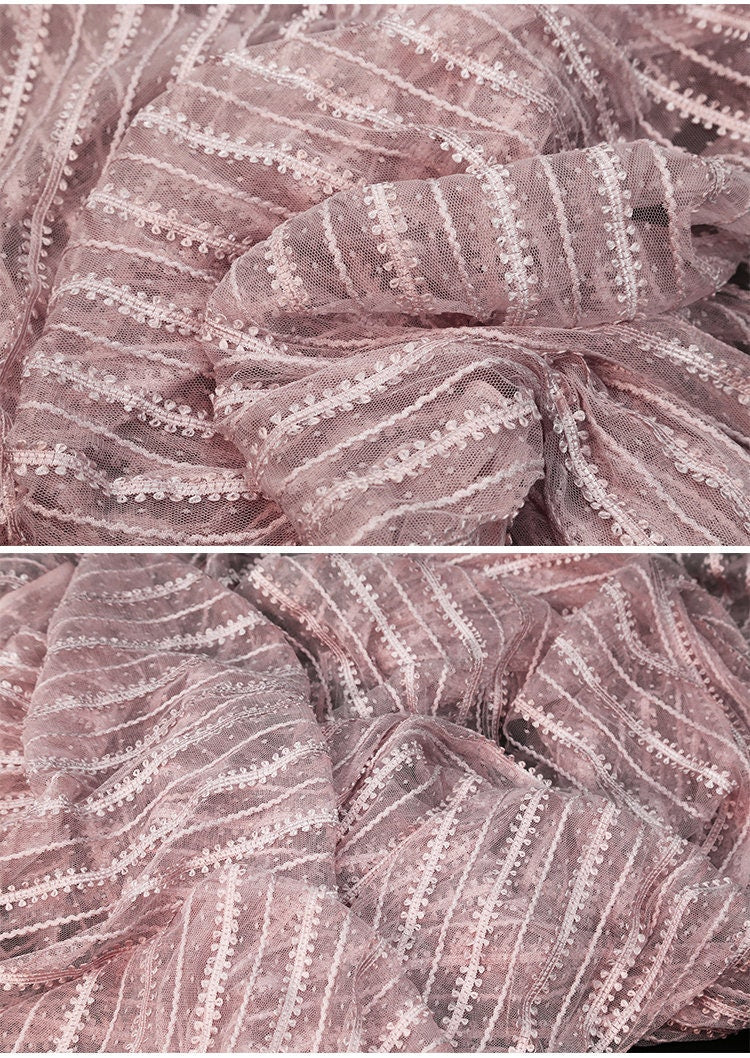 Striped Mesh Lace Fabric, Embroidered Polyester, Costume, Wedding Decor, 65"Wide