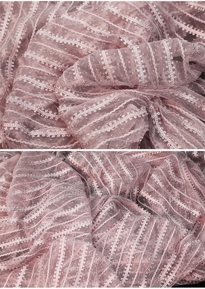 Striped Mesh Lace Fabric, Embroidered Polyester, Costume, Wedding Decor, 65"Wide