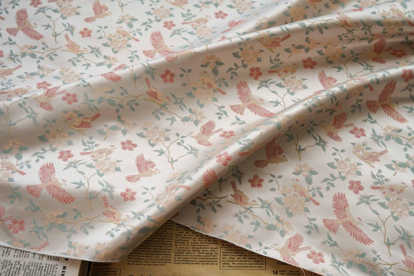 Crane Bird Jacquard Satin Fabric: 59"W Brocade Upholstery & Drapery