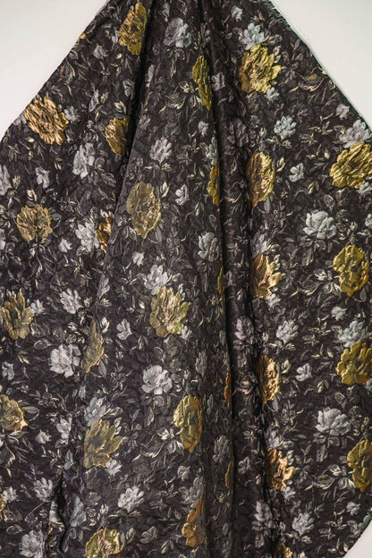 Black Floral Jacquard Fabric: Vintage 3D Designer Material, 65" Wide
