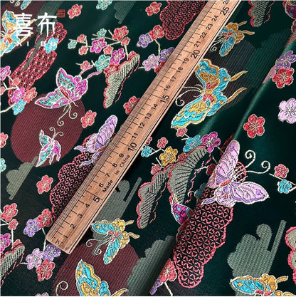 Butterfly Floral Brocade Fabric: Dark Green Rayon Silk Jacquard (47"W)