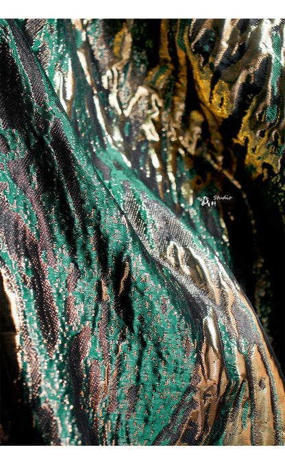 Medieval Green Gold Jacquard Fabric: Shiny Texture, Upholstery & Sewing, 56" Wide