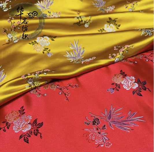 Tissu brocart à fleurs de cerisier rouges et or - Jacquard de rayonne 150 cm de large