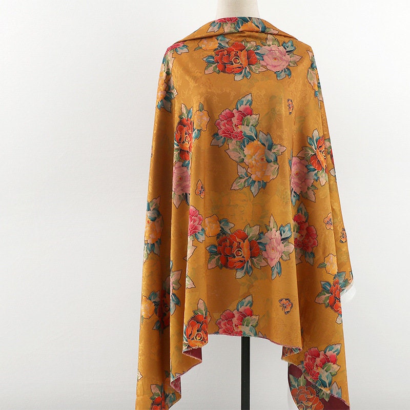 Floral Jacquard Rayon Fabric: 59"W Tea Silk, Costume & Decor