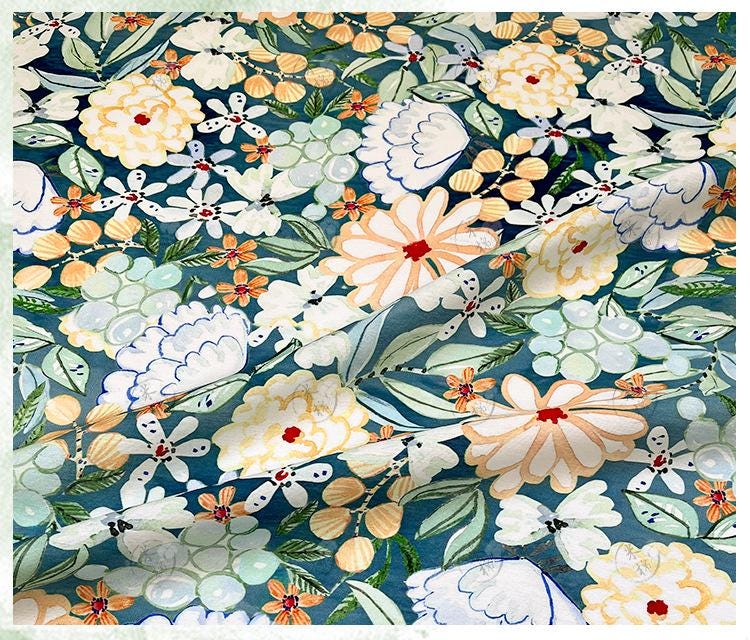 Tissu en coton imprimé numérique à motif floral des profondeurs marines ���� Quilting, confection de vêtements, couture, matériel de loisirs créatifs"Large