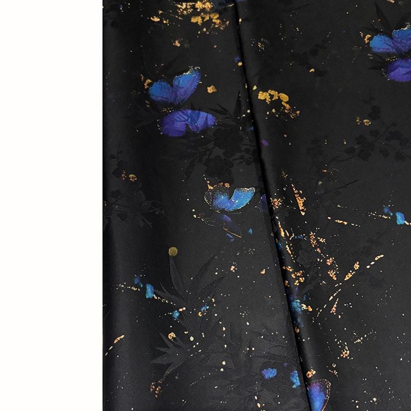Teal & Black Floral Mulberry Silk Fabric: 55"W Digital Print