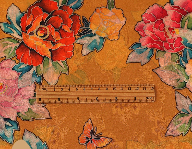 Floral Jacquard Rayon Fabric: 59"W Tea Silk, Costume & Decor