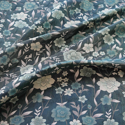 Japanese Floral Rayon Cotton Fabric: Blue Kimono Upholstery, 64"W