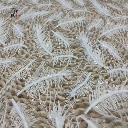 Feather Embroidery Lace Fabric: 3D Sequin Floral Applique, 50"W