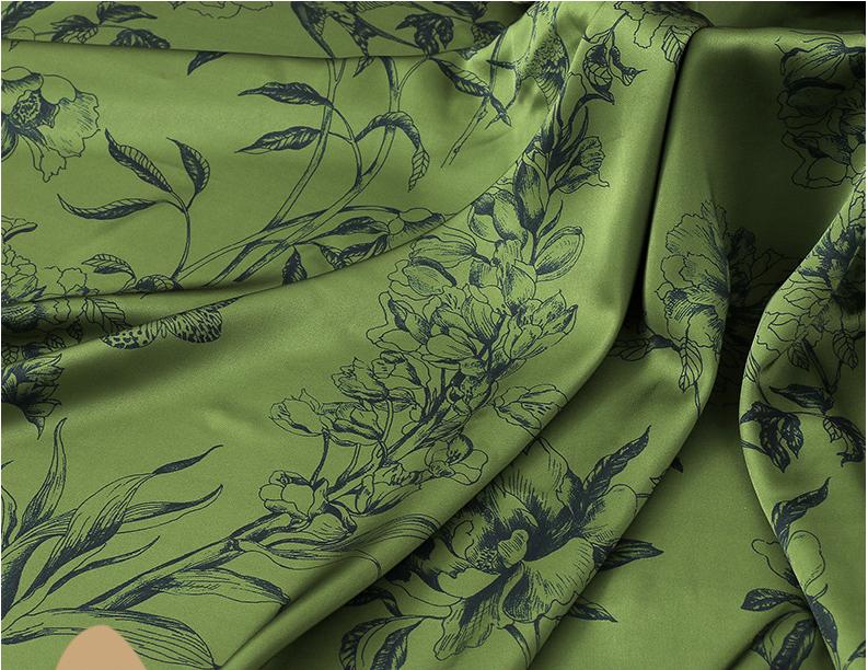 Green Floral Tea Silk Satin Fabric - 59" Wide