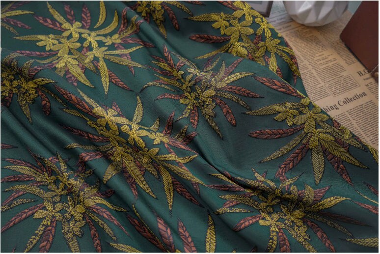 Tissu jacquard réversible vert foncé : revêtement d’ameublement tissé à motif floral en relief, 162,5 cm de large