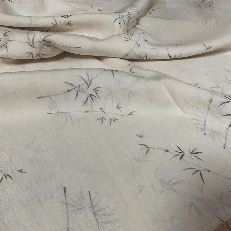 Beige Tencel Ramie Fabric: Bamboo Print Sewing Material