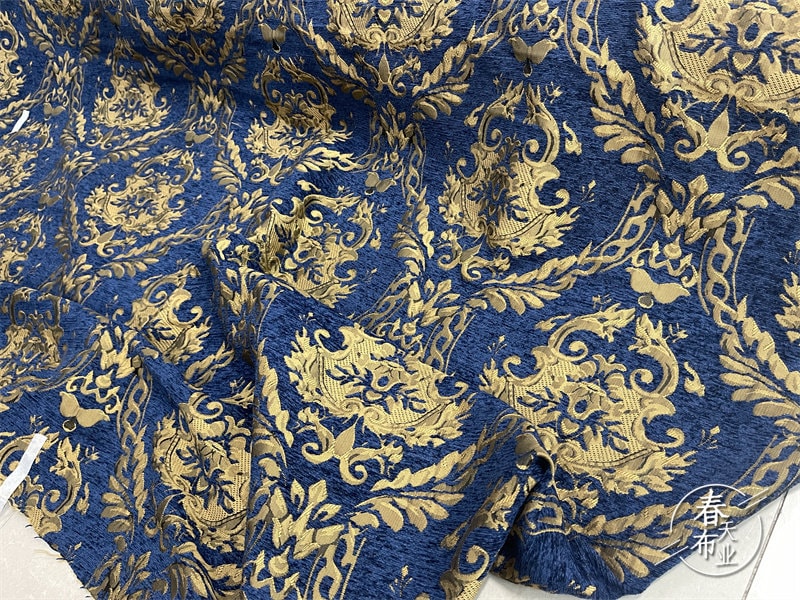 Tissu Jacquard Palais Bleu et Or : Damas de 55 po de large pour ameublement