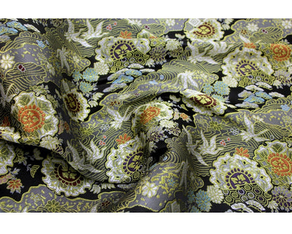 Tissu Kinran de Nishijin Crane : Brocart de soie jacquard damassé noir (largeur 59")
