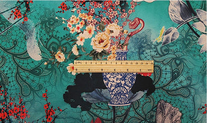 Jade Green Tea Silk Satin Fabric: Floral Crane Print, 59" Wide