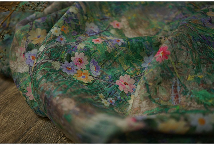 Tissu ramie nénuphar : imprimé floral léger, 140 cm de large