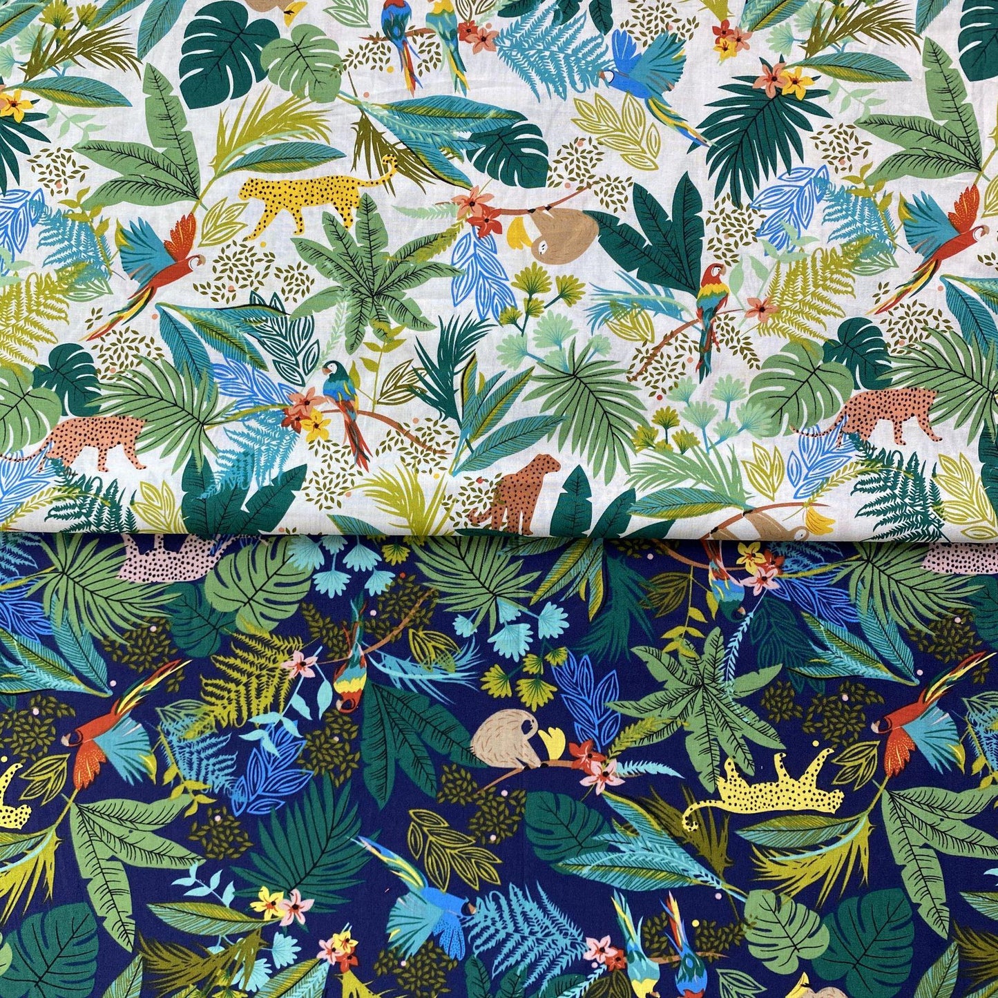 Tissu en coton tropical : imprimé paresseux, léopard, perroquet (58" de large)