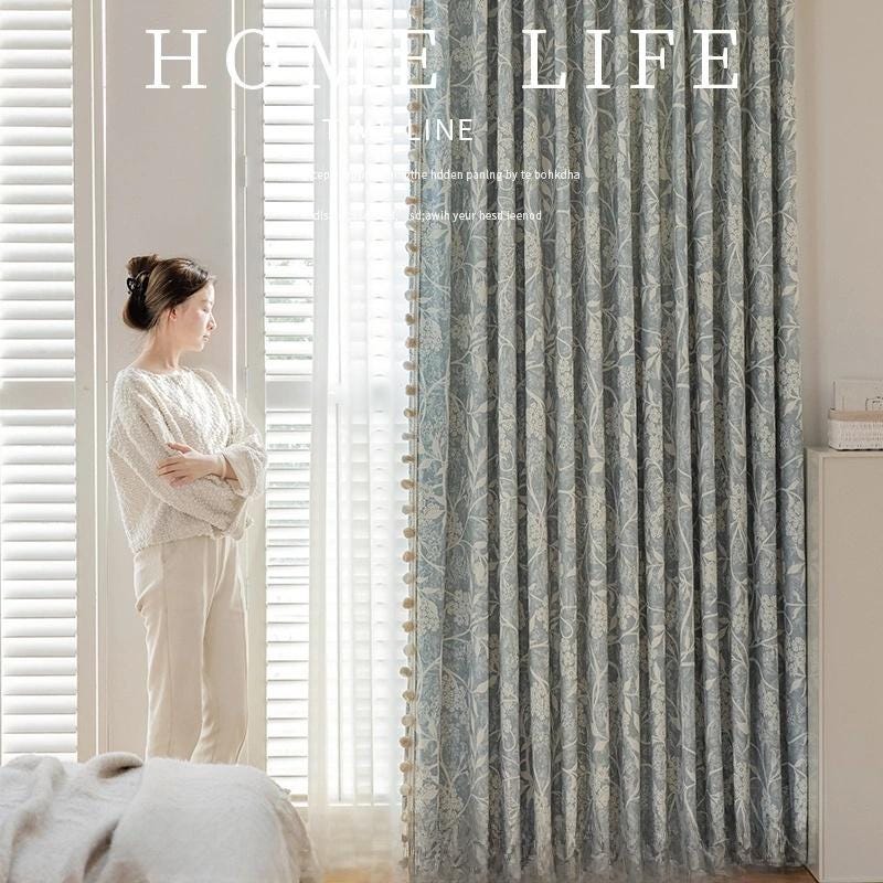 Luxury Blue Chenille Jacquard Curtain Fabric ��� High Blackout Drapery Material, 114��� Height, Sold by the Meter, Cont