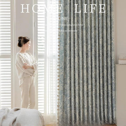 Luxury Blue Chenille Jacquard Curtain Fabric ��� High Blackout Drapery Material, 114��� Height, Sold by the Meter, Cont