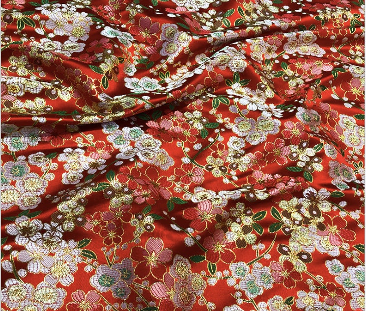 Red Cherry Blossom Brocade Fabric: Satin Jacquard Weave, 59"W