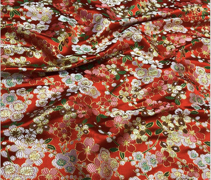 Red Cherry Blossom Brocade Fabric: Satin Jacquard Weave, 59"W
