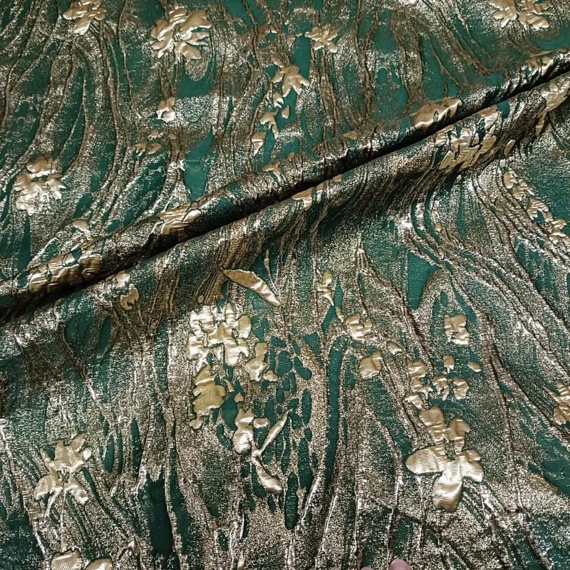 Green Jacquard Fabric with Gold Thread: Deer & Floral Design, 55" Wide